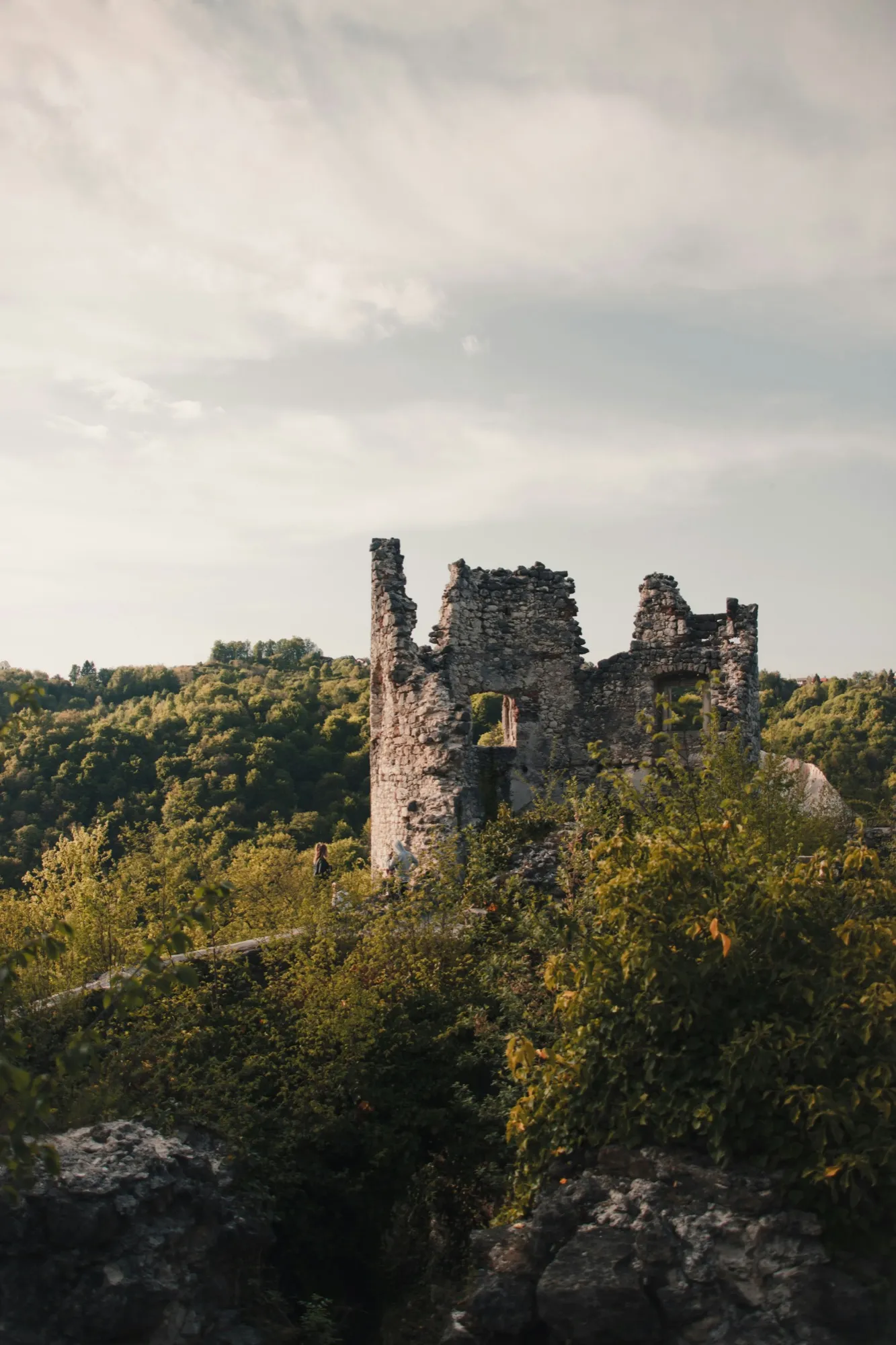 The ruins of Samobor's medieval castle rising from the forested hill above town