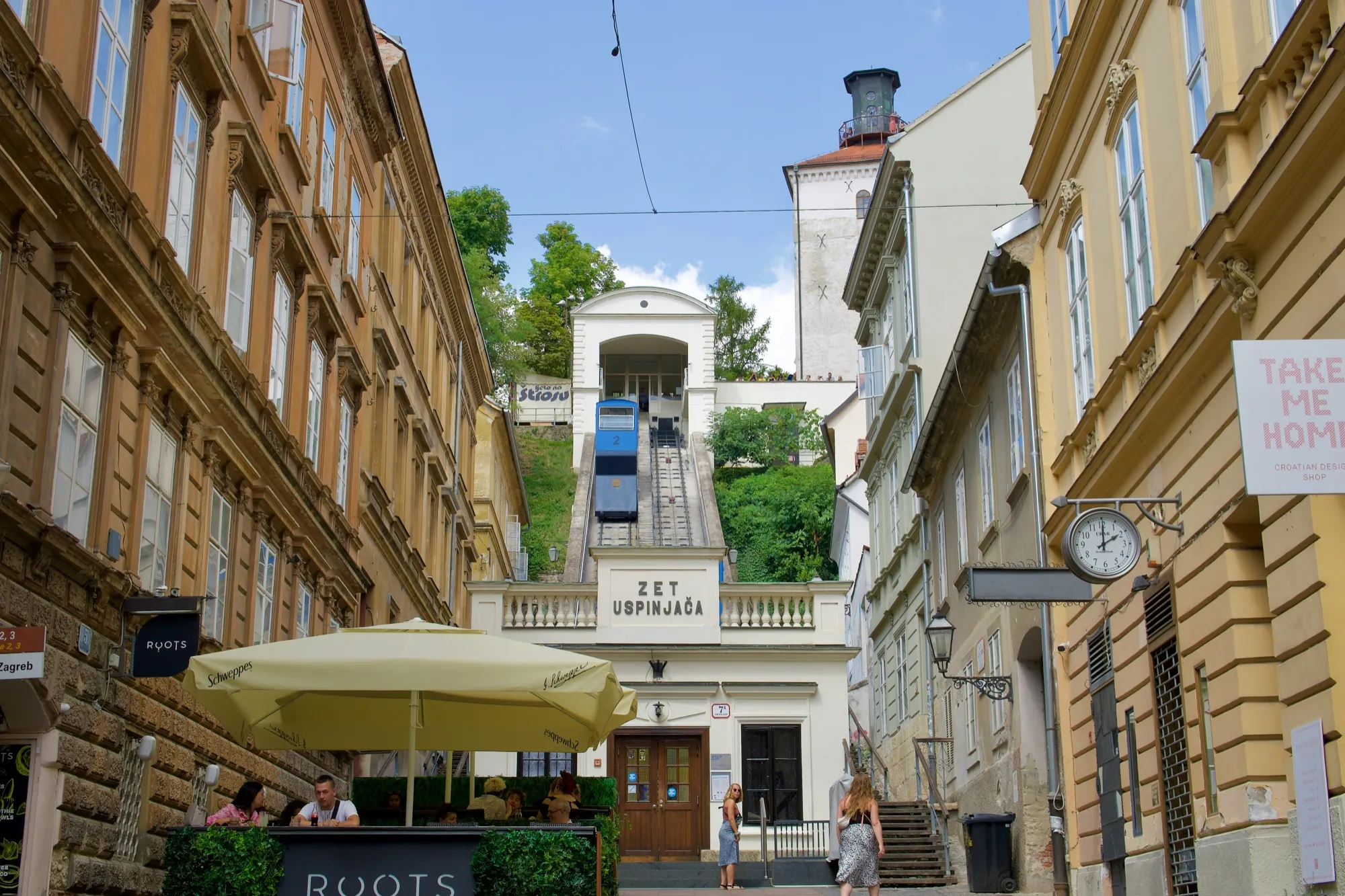 The Zagreb funicular climbing between old town façades toward the Upper Town